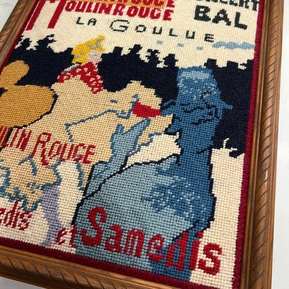 Vintage Framed Crewelwork Bridge Moulin Rouge La Goulue Original Needlepoint - Picture 8 of 8